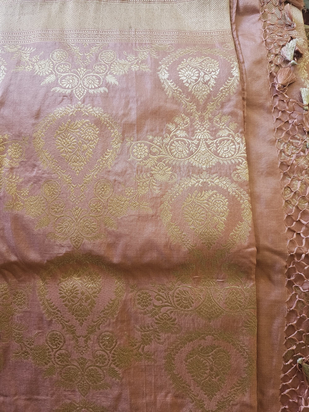Gold Brocade Floral Silk Saree - Dusty Rose